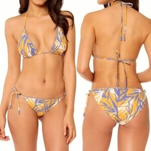 Red Carter Bamboo Leaf Print Crochet Lace Trim Bikini 2-Piece Swim Set In Amber